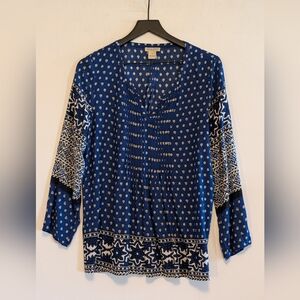 Lucky Brand Blue Bohemian Print Pintuck Peasant Top Rayon Medium Blouse Artisan